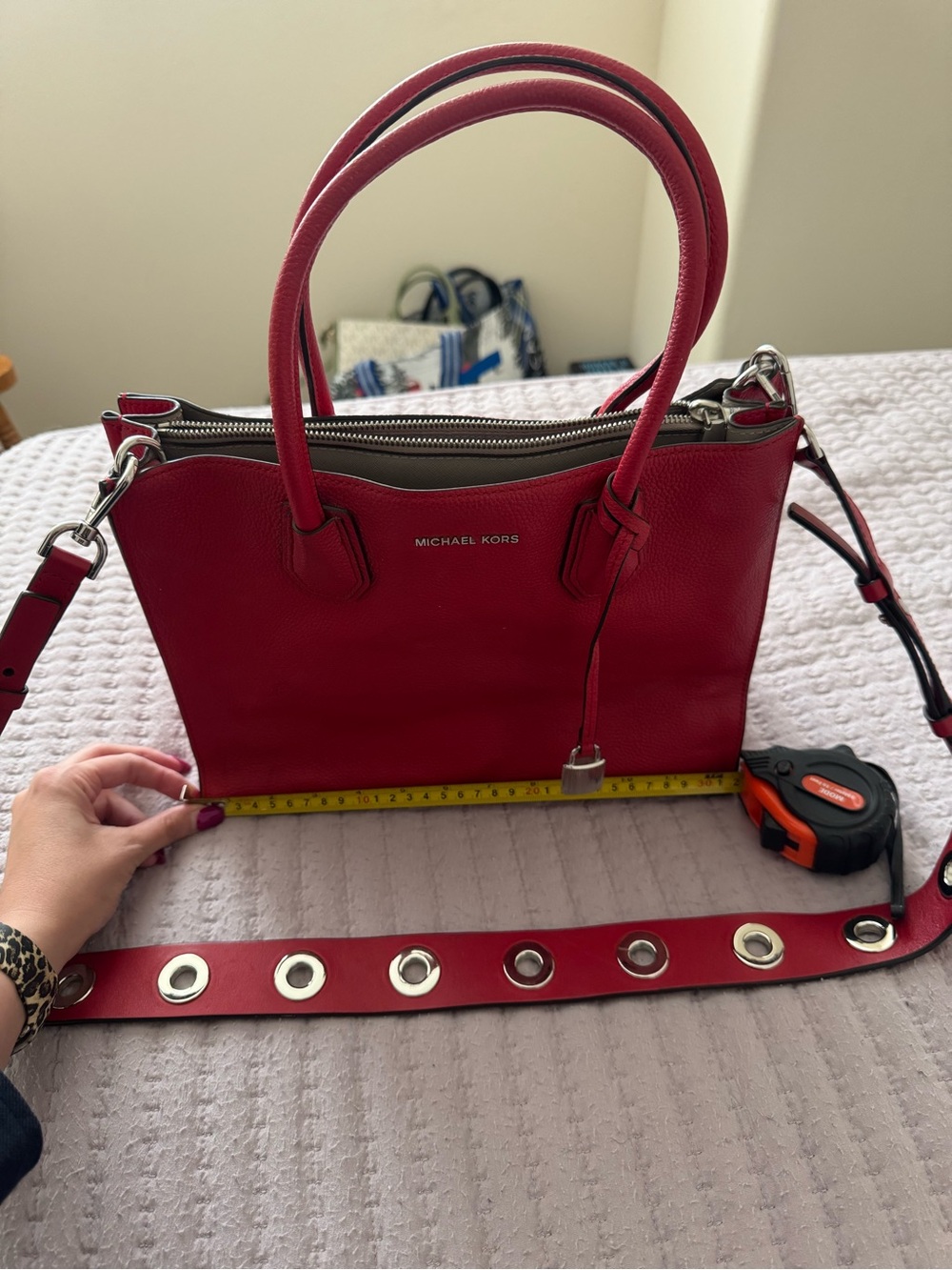 Michael Kors Red Leather Satchel with Grommet-Detail Strap